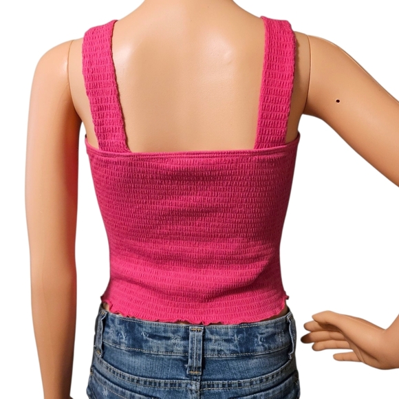 Paper Crane Smocked Tube Tank Top Pink Textured Stretch Crop Y2K Lettuce Hem S - Picture 3 of 8
